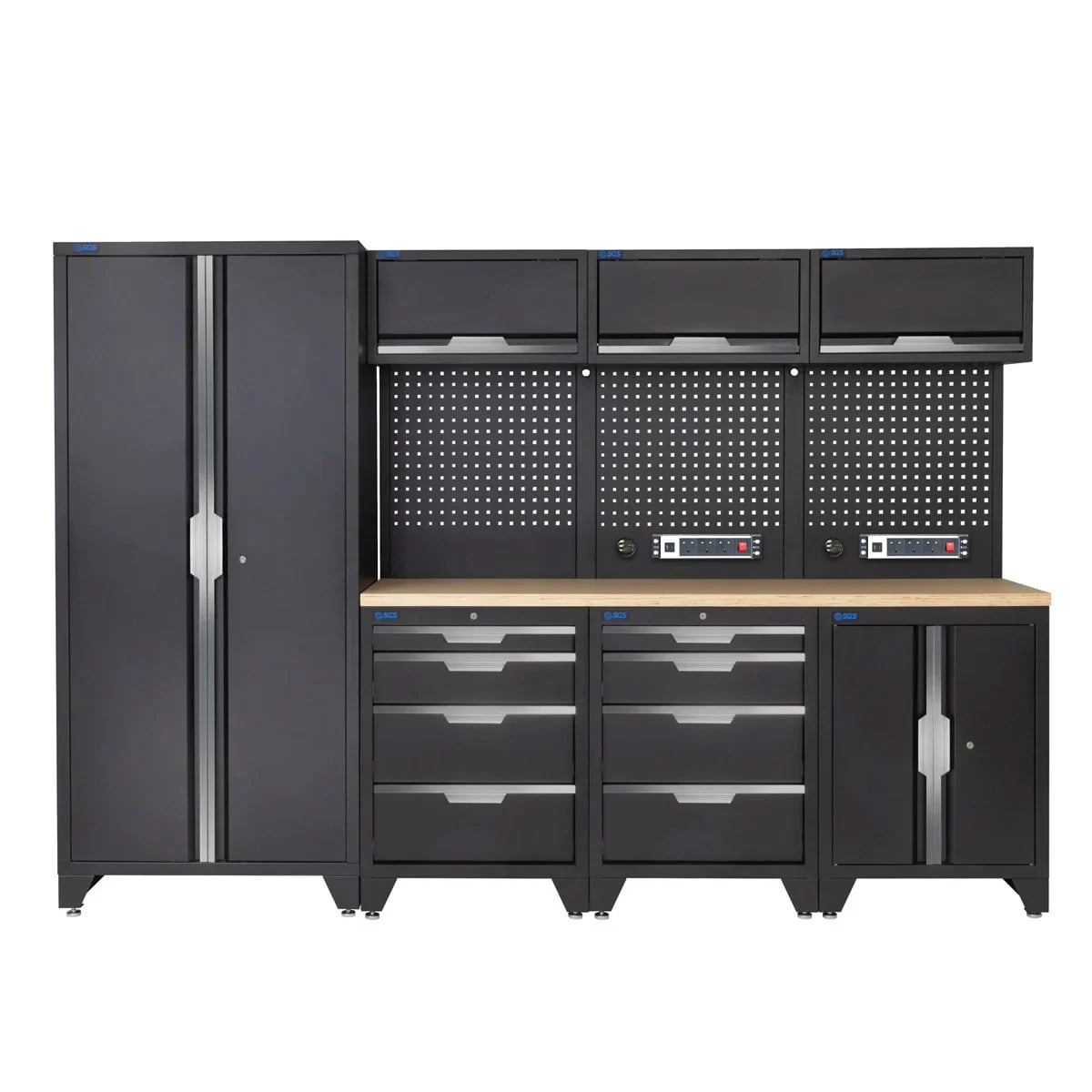 SGS 10pc Modular Garage Storage | 8 Drawers | Plywood Worktop | Tall Double Cabinet | Floor Cabinet | 3x Upper Cabinets | 2x Pegboards with Power Strip